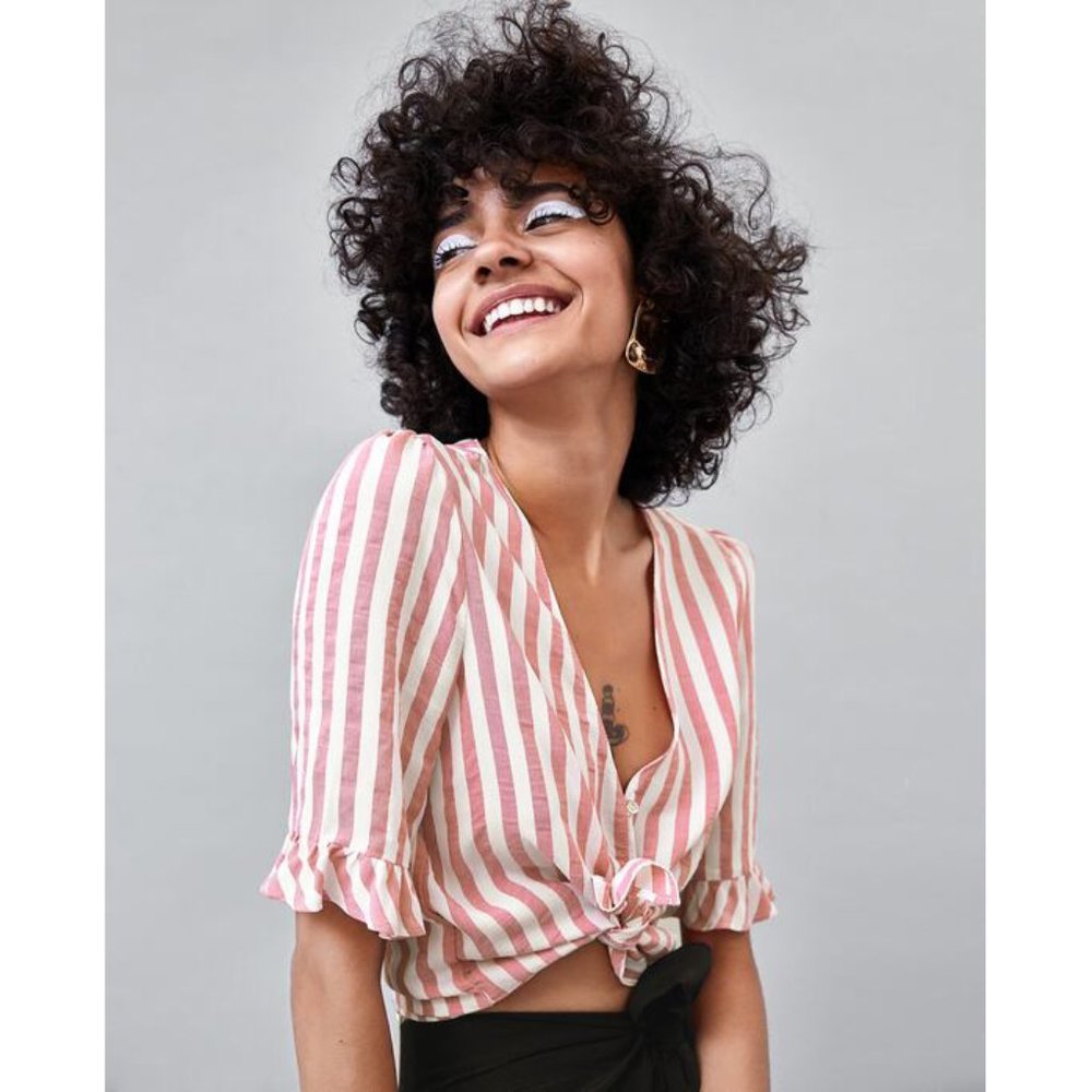 Zara pink white stripe button down ruffle crop top